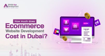 Ecommerce website development cost in Dubai banner showing pricing concept, online store interface, and digital shopping elements.