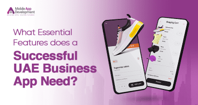 Illustration showing key factors behind a successful UAE business app with mobile interface and analytics elements